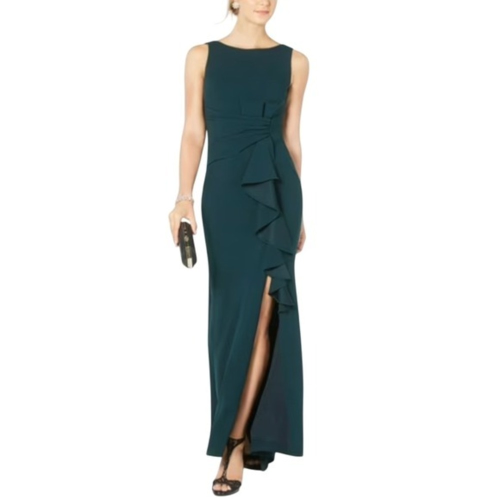 Betsy & Adam Size 6 Emerald Green Ruched Ruffle Gown Formal Dress‎ Gala Wedding